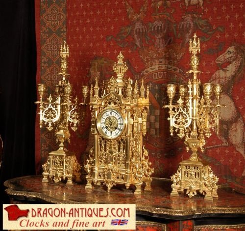 Japy Freres Gothic Clock Set, French - Circa 1870.